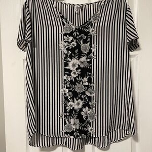Black and White Striped Floral Women's Top
